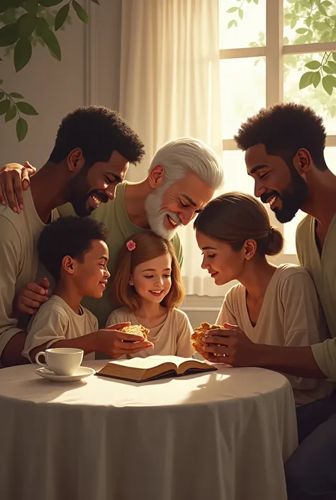  A table covered with a linen towel and a bible on the table ,  a black man smiling with hugging two ren on one side a happy  with a piece of bread in his hand,  on the other side a white one leaning over the bible ,  next to a woman with a tender look hol...