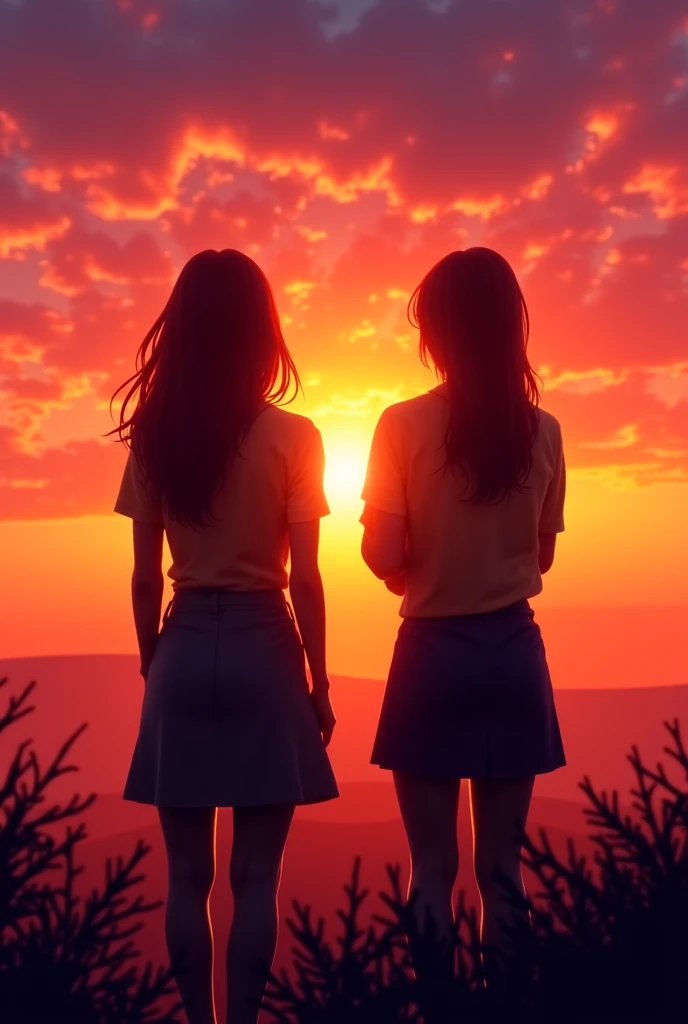 2 women turn their backs to watch the sun set