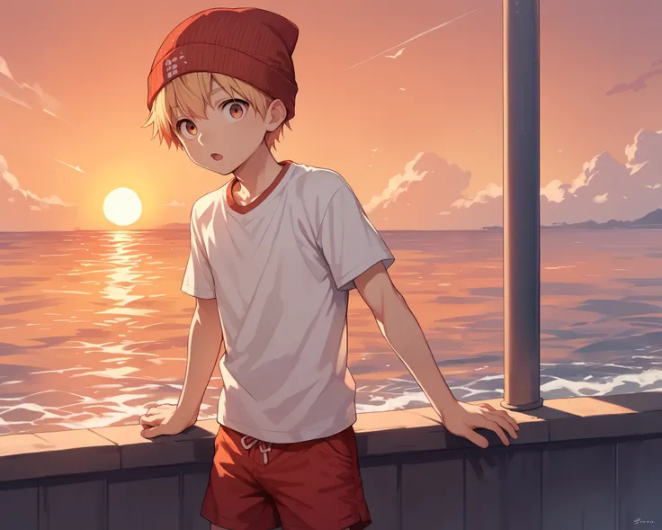 score_9_up, score_8_up, score_7_up, 1boy, solo, source_anime, young boy, , ((sfw, rating: general)) BREAK

Red beanie, white t-shirt, short sleeves, blond hair, red shorts BREAK

Standing, looking at viewer, open mouth, curious face, outdoors, ocean, sunse...