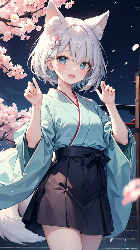   gray hair 、  illuminated in the dark 、 I had hair on one eye、Japanese-style town、Yangyun、cherry blossoms、noon、 Flower blowing snow、bird、slender、open mouth、double teeth、  claw pose、smile、   Cool Personality、   boyish、April、Japanese style clothing、 fox ear...