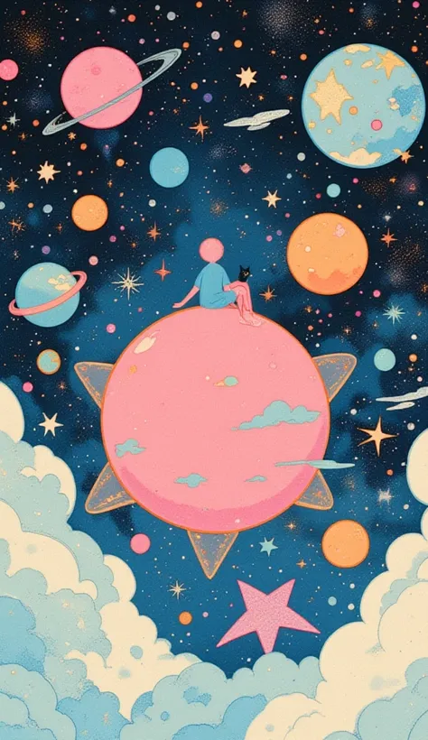   Pink and blue outer space  , one sitting on a star , Clutched Planets and Stars  ,A sea of clouds below ,Illustration of one sitting on a star  and a black cat ,book illustration   inspired by Randolph Caldecott,   naive art ,   Detailed Book Illustratio...