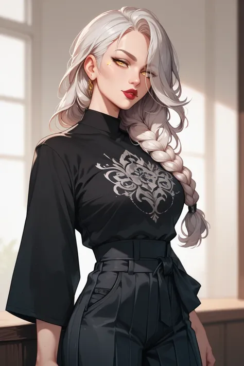 Female. Pale yellow eyes. White long hair styled in a braid. Bangs covering right eye. Mole under left eye. Half open eyes. Lipstick on bottom lip. Black compression shirt. Dark gray hakama pants.