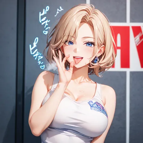  detailed background、 detailed person、 high resolution, 32K,   realistic depiction 、 Masterpiece、 score_9,  score_8_ and ,  score_7_ and ,  score_6_ and ,  mature woman, {{ Super Big Breasts }}, curve,  short hair,  blue eyes,  white shirt,  tank top、( han...