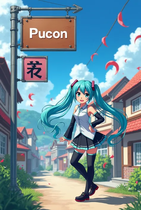 Hatsune Miku posing next to a sign that says Pucon