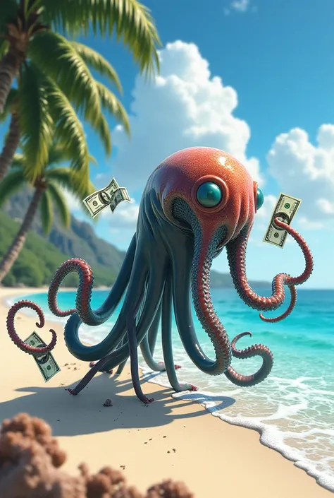 Imagine the seafood animal Sirí on a beach holding several dollar bills on its tentacles