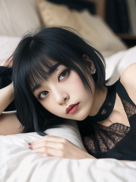    top quality , 8k,    1 Japanese woman 、   beautiful face 、   gothic makeup   、Big Breasts、  on the bed  、    front angle 、  Crotch and creebeige    、Exposed Muscle、   Shortcut Hair、  nape and chest close-up、Lying down