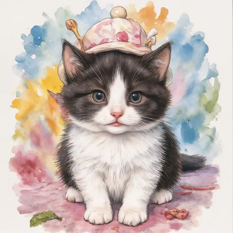 fusion of watercolor, acrylic  art style depicting A cute Black and white Persian kitten with a dumb look on its face, wearing cute toddler hat, pop art illustration