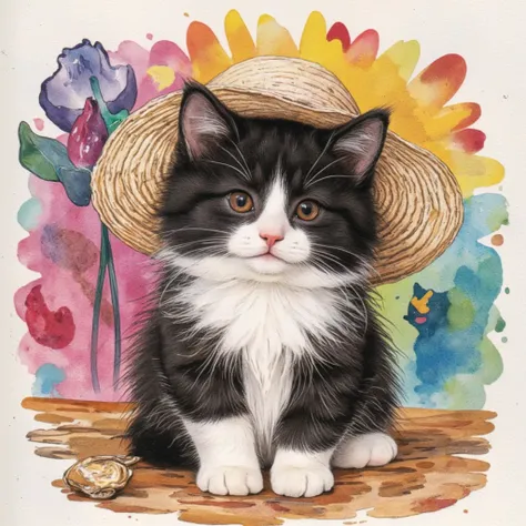 fusion of watercolor, acrylic art style depicting A cute Black and white Persian kitten with a dumb look on its face, wearing cute toddler hat, pop art illustration