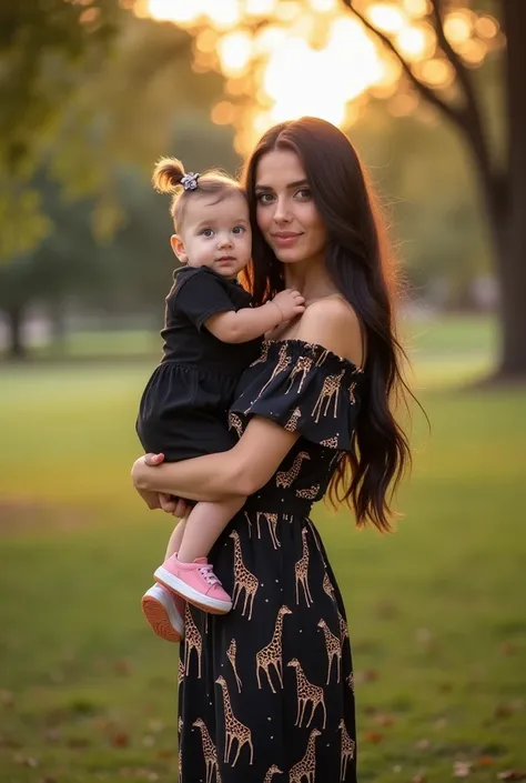      A beautiful woman with long black hair wearing a gorgeous dress in her arms, Hold your fat baby White , Blonde with blue eyes dressed in a black jumpsuit with giraffes Peach sneakers and a bow in their hair They are in a quiet park realistic blouse il...