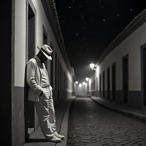 a mulatto man, leaning against a corner wall , on a street with houses in Portuguese colonial style,  cobblestone.  He keeps his head down, Wear a white Fedora hat, Do you wear a white linen shirt and jacket. Wear white pants and white shoes. It's dark nig...