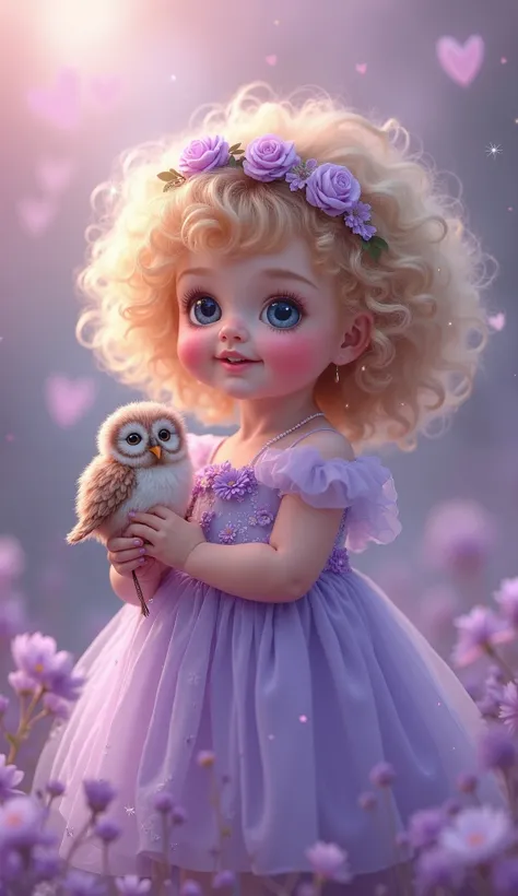 A delightful baby girl with blonde curly hair and rosy cheeks is holding a delicate purple flower with a tiny, fluffy owl perched on it. She wears a dreamy lavender dress with tiny star-like details and a matching floral headband. The background is a soft ...