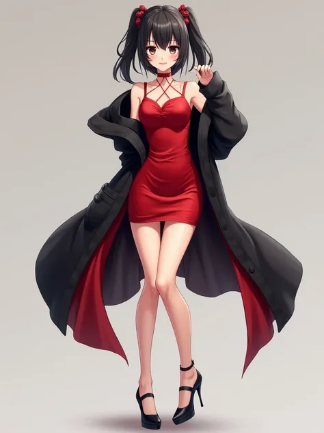 Anime clothes 
Red dress 
Short and tight 
High heels 
Black Rishi coat 