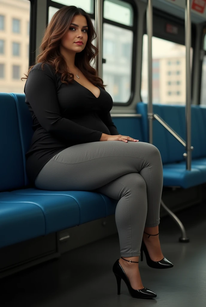 Big ass thick thighs woman sits in a bus legs crossed,grey leggings high heels black long sleeve shirt,side view only 