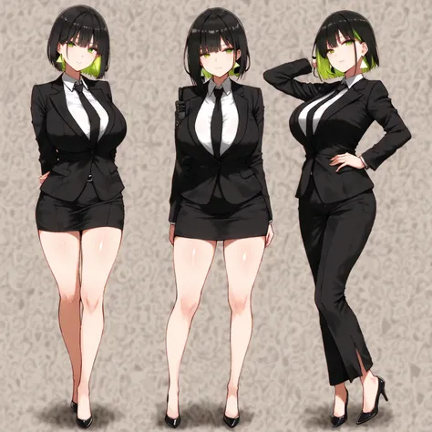 masterpiece, (((( best quality )))),character profilele,shiny skin, wearing a black suit,skirt suit, black tie , dark hair, short bob hair,The inner color of the hair is green, green eyes,isosceles triangle earrings,big breasts