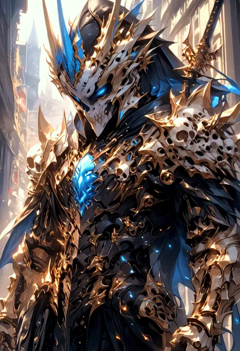 ha sang, 1boy, skull mask,armor, male focus, solo,weapon,sword,spikes,looking at viewer, blue_fire,c loak, hood up, holding, (masterpiece), (best quality), HDR, intricate detail,