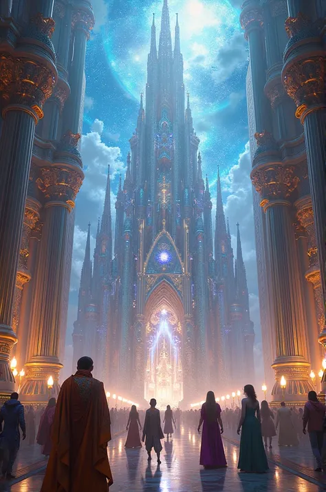  A colossal cathedral made of crystal and metal houses a huge audience .  Nobles in vibrant clothes and long capes walk alongside robots encrusted with precious stones. The sky is a mosaic of cores reflecting in monumental architecture .