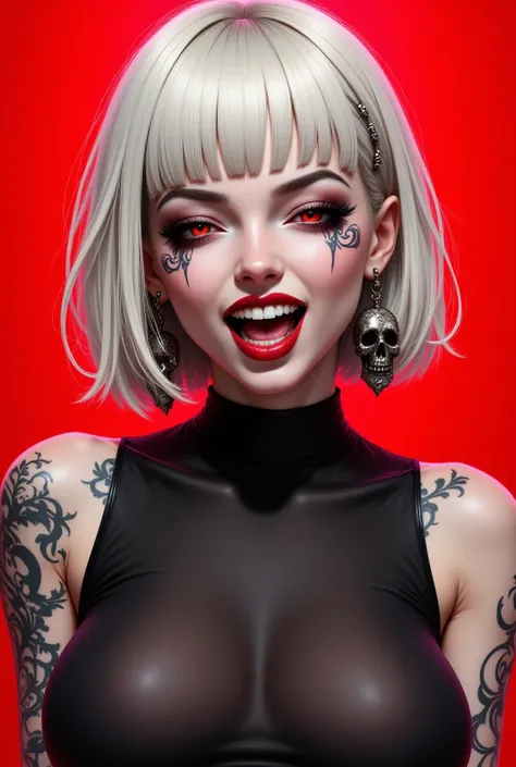 This is a highly detailed digital illustration in a hyper-realistic, dark fantasy style. The subject is a young woman with a striking, expressive face. She has pale, porcelain skin and platinum blonde hair styled in a bob with blunt bangs. Her eyes are clo...