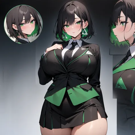 masterpiece, (((( best quality )))),character profilele,shiny skin, wearing a black suit,skirt suit, black tie , dark hair, short bob hair,The inner color of the hair is green, green eyes,isosceles triangle earrings,big breasts