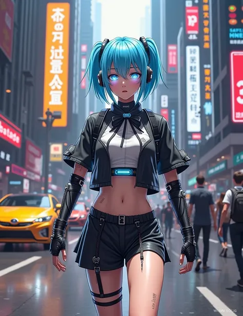 In a futuristic world, a schoolgirl with cybernetic enhancements navigates the bustling streets, her neon blue hair and glowing eyes marking her as a member of the elite.