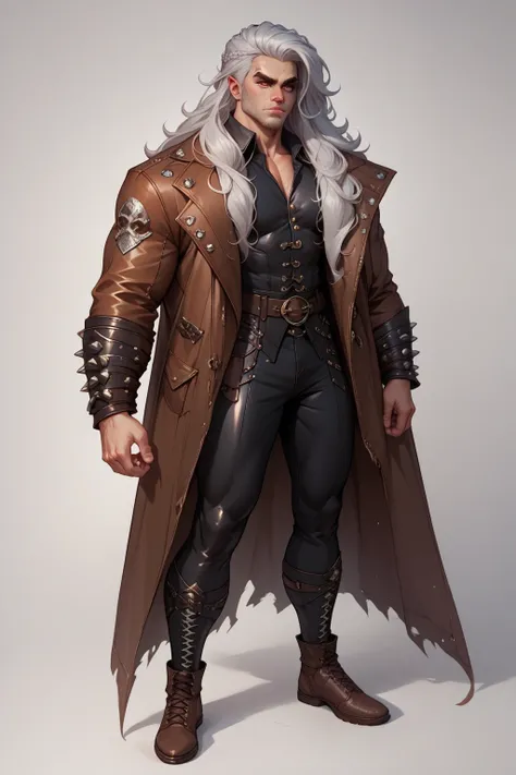 (((barbarian looks))) (((best quality))) (((HD))) (((8k))) (((extreme detail))), character design sheet. Full body. a fierce & masculine looking man. Tall, lean & athletic body. Very long wavy silver hair, wearing intricate tight leather jacket & leggings,...