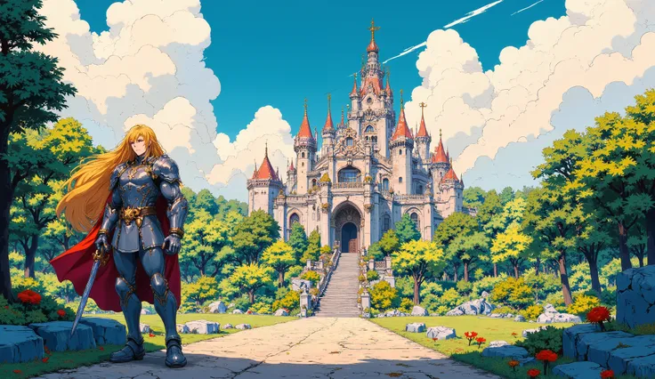 palace, knight,  blond hair, retro anime