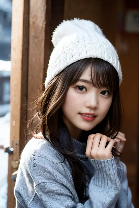  1 girl,  anatomically correct,  top quality,  textured skin,  black hair,  smiles,  blushes,  close-up,  knitted hat ,  Knitted Sweater , Warm coats , Snowy Town ,  look,  high resolution,  look,  dark eyes,  HD,  idol,  cute pose ,  medium hair