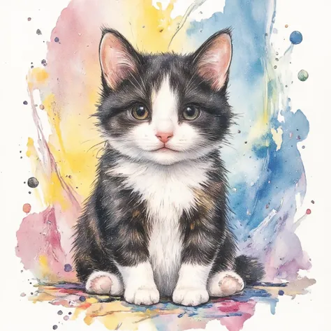 fusion of watercolor, acrylic  art style depicting A cute Black and white Persian kitten with a dumb look on its face,  pop art illustration,  Clean lines, bold color blocking, and functional composition