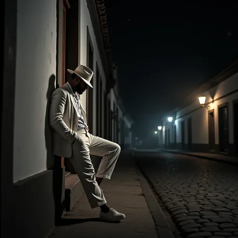 a mulatto man,  face without a beard, leaning against a corner wall , on a street with houses in Portuguese colonial style,  cobblestone.  He keeps his head down, Wear a white Fedora hat,  wears a white linen shirt and jacket. Wear white pants and white sh...