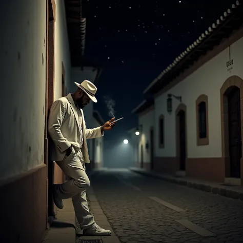 a mulatto man,  face without a beard, leaning against a corner wall , on a street with houses in Portuguese colonial style,  cobblestone.  He keeps his head down, Wear a white Fedora hat,  wears a white linen shirt and jacket. Wear white pants and white sh...