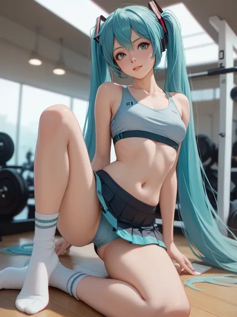 Hatsune miku (small breasts, slim belly) (wear sports bra, sports skirt, long socks)