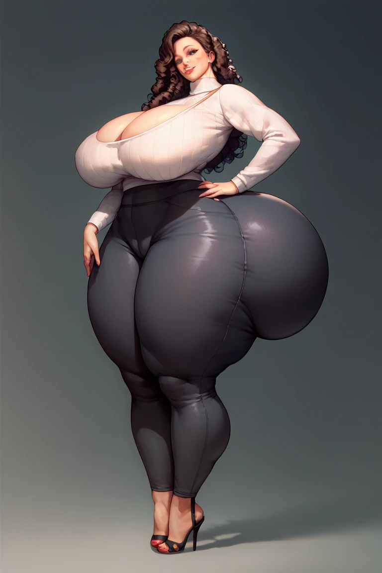 Japanese, milf ,gigantic big breasts L, gigantic wide breasts,large long neckline, gigantic wide breasts no longer fit clothes, sweater, gigantic ass no longer fits clothes yoga pants, high heels, tall, looking down at viewer, curly hair