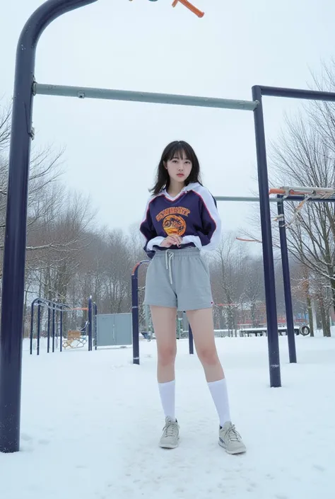 winter、1 Japanese adult girl, 
 jerseys、Sneakers
playgrounds
white high socks、