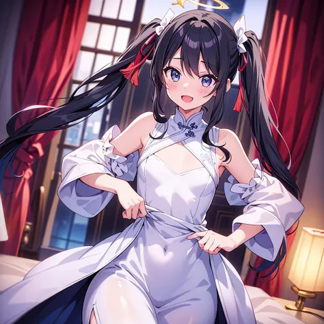 {{{ Masterpiece}}}, {{{ top quality}}}, {{ Super Detail}}, { illustration }, {{ extremely delicate and beautiful }}, Kizaki-default, Kizaki \( blue archive\),  GREY EYES ,   black hair,  double pan,  twin tails, halo, china  dress ,  pelvic curtain small 　...