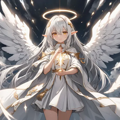 Female, Long white hair, Short elf ears, Golden eyes, White cleric robe DnD, Angelic Aura, Halo, Angel wings, Full view