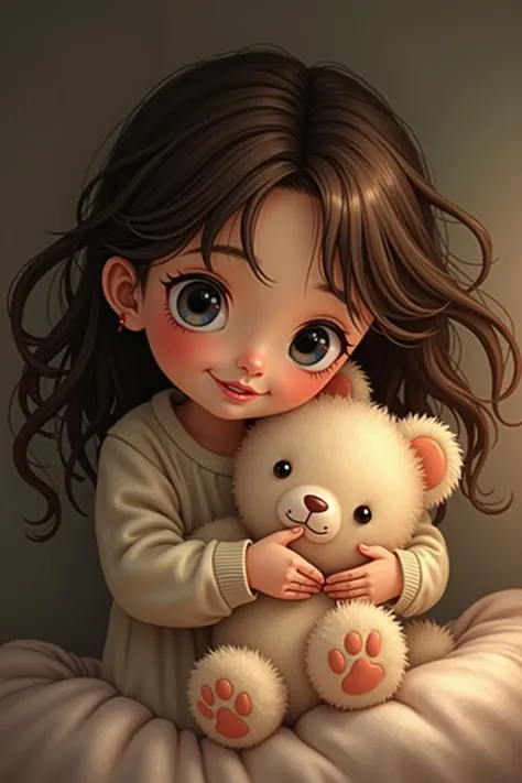 A girl with brown hair and dark blue eyes is holding a stuffed animal