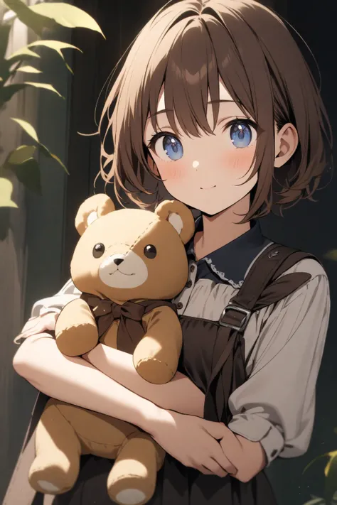 A girl with brown hair and dark blue eyes is holding a stuffed animal