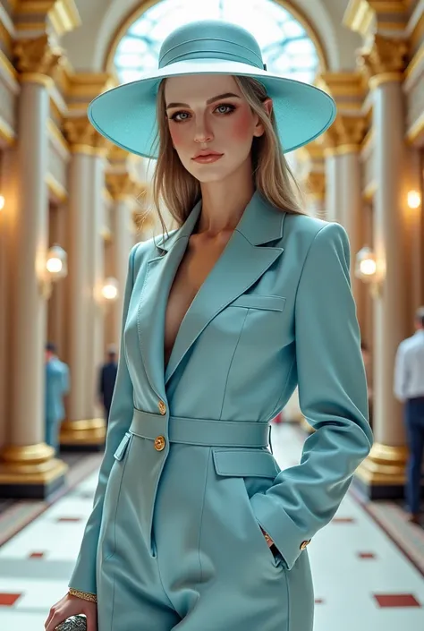 Draw this face with 21st century fancy Russian Baroque style using for female fashion light-blue colour clothes and she is standing in the luxury shopping mall with a handbag in her hand 