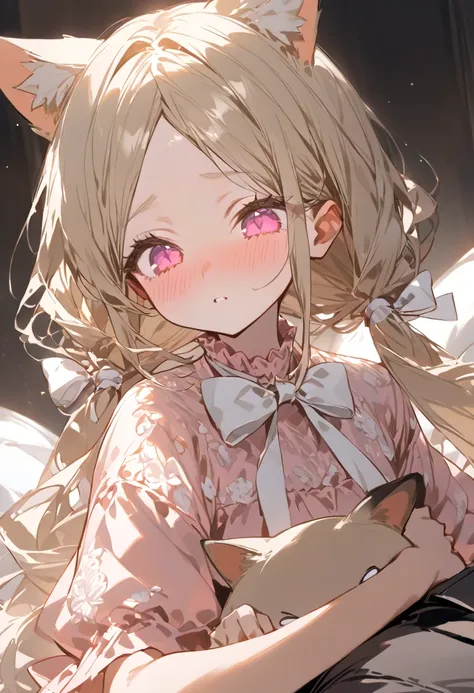  Ears: The girl in the picture has beige cat ears with white details inside, sticking out of her hair.
Hair: Her hair is long, straight and light blonde in color. It is styled with two low pigtails on the sides, held with white bows with balls at the ends....