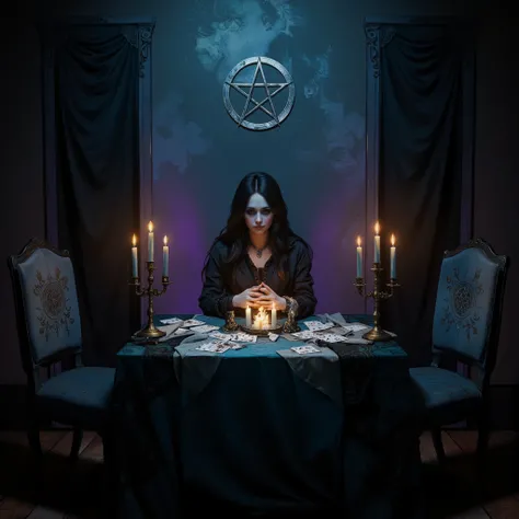  magini customer desk,  mystical atmosphere ,  in a cinematic style ,  modern decor ,  playing cards , witch symbol , candles, symbols on the tablecloth , magic energy in the air , two chairs and a table ,  maximum detail , 8k