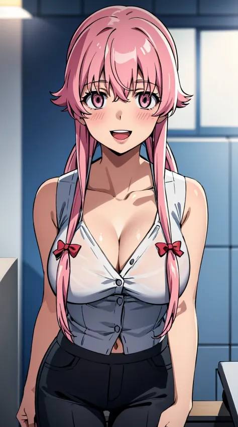 1girl, breasts, pink_hair, solo, cleavage, looking_at_viewer, large_breasts, open_mouth, smile, long_hair, pink_eyes, collarbone, bow, blush, hair_bow, ,twintails, bangs, teeth , indoors, sidelocks, shiny, hair_between_eyes, :d, buttons、white sleeveless,Bl...