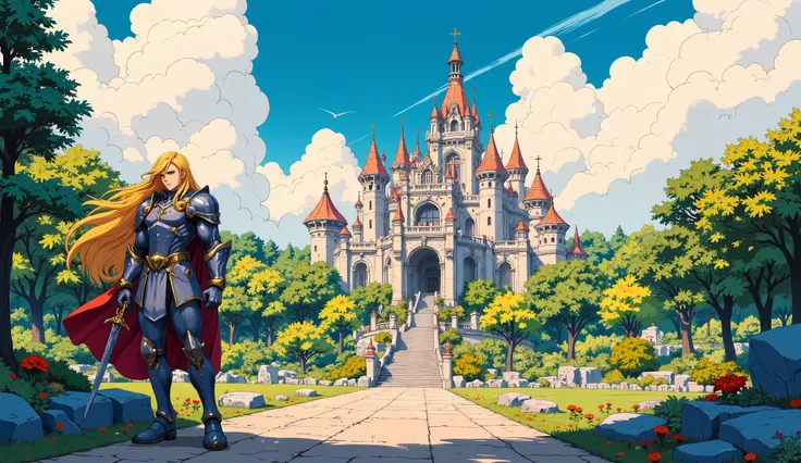 palace, knight,  blond hair, retro anime