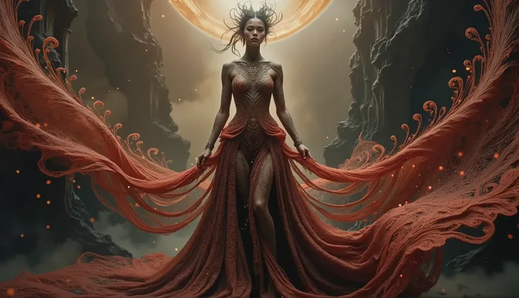 The image portrays a striking figure standing in an ethereal landscape. The figure appears to be a woman, adorned in a flowing dress that resembles intricate lace or organic forms. The gown features vibrant shades of red, flowing gracefully around her, rem...