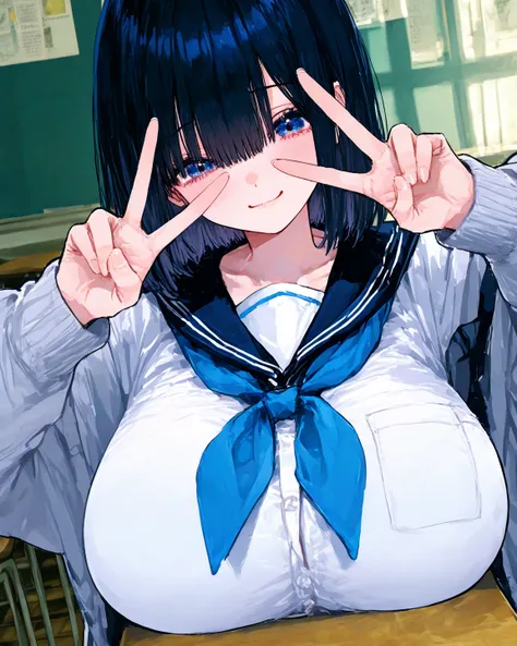  8k wallpaper、   top quality  、 Masterpiece、   748cm style   、 1 female 、 school uniform、  black hair、   short hair 、  blue eyes、 very big breasts 、    Classroom Background  、 smile、  upper body、v sign、perfect poster