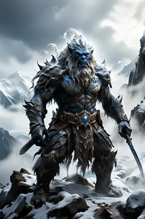 A colossal yeti eye glows blue, emerging from swirling mist between snow-covered peaks. Aged white and brown fur, sharp teeth, blue ooze dripping. A lone man in black armor grips a katana, standing on a misty ledge. Dark clouds, snowfall, icy mountains, ee...