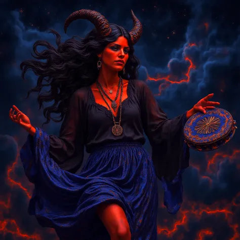 a red-skinned woman,  wavy black hair flying in the wind , black horns,  eyes all black,  black gypsy blouse ,  long blue skirt with glitter, barefoot, Amidst the starry sky with a blue tambourine in her hand and a necklace with a pendant wind rose 