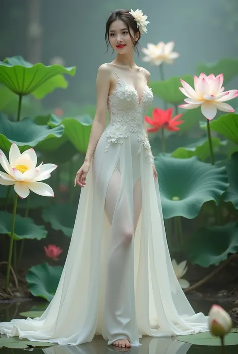 a woman in an elegant, flowing white gown adorned with floral designs. She is standing in a serene environment surrounded by large lotus flowers in various colors, including white and red, along with broad green leaves. The setting resembles a tranquil gar...