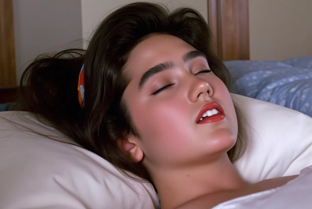 ( Masterpiece,  top quality:1.5), 
 1 girl,  alone,  19-year-old Jennifer Connelly , 
Bust, Horizontal view , Side view,   turning her face to the viewer 、Her beautiful profile .,I'm closing my eyes and opening my mouth slightly , 
She might be naked .,  S...