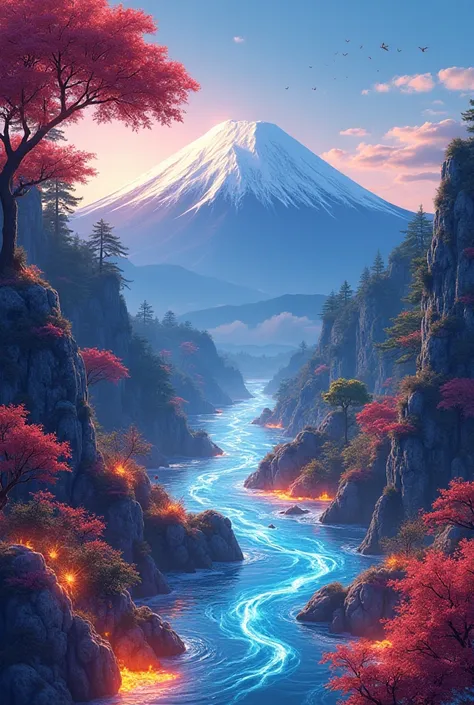 Anime style landscape of Mont Fuji with fire and water plant