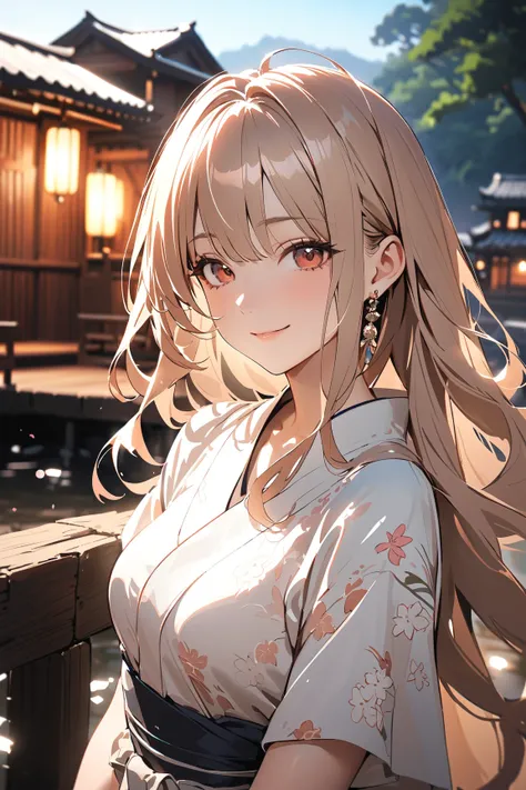 1 girl, (beautiful face), (smiling:1.2), long hair, (flowing hair:1.3), medium breasts, slim, (wearing traditional yukata), floral pattern, short sleeves, (porcelain skin), 
BREAK 
hot spring town, steam rising, wooden bridge, cherry blossoms in the backgr...