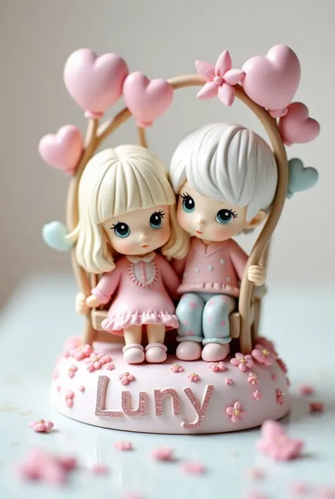 A swing a beautiful precious  moments collectors figurine boy & girl since 1978 in the side of the precious moments boy & girl collectors figurine created  in 1978  below the swing got the name "Luny" writing in theps beautiful letters in pink metallic and...